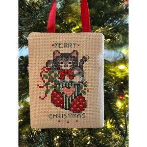 Handmade Cross-Stitch Cat Christmas Ornament